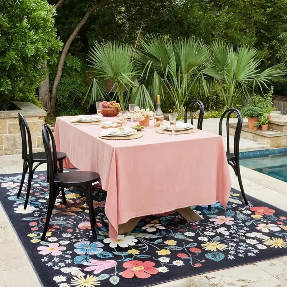 Riffle Paper Indoor Outdoor Rug Strawberry Fields Floral Moody Navy Black